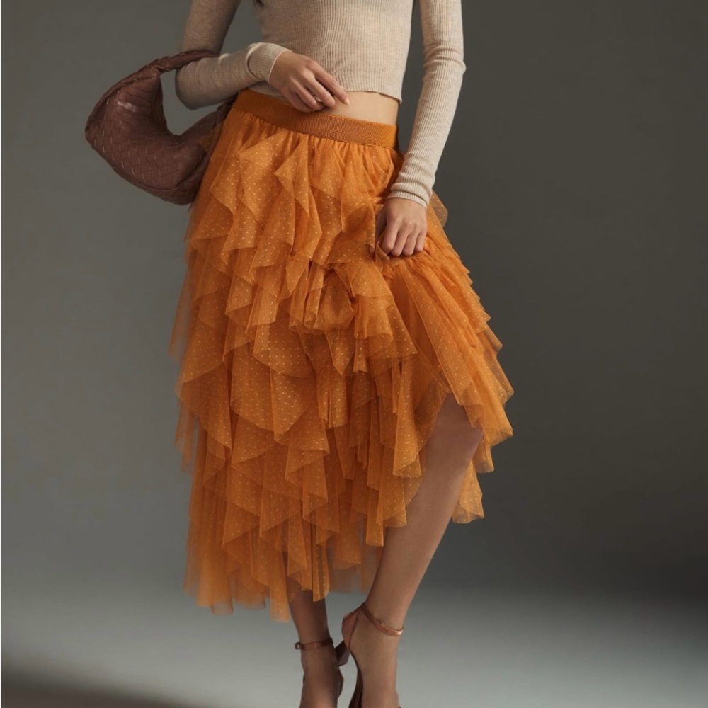 Anthropologie The Chéri Ruffled Tulle Midi Skirt by Anthropologie Orange